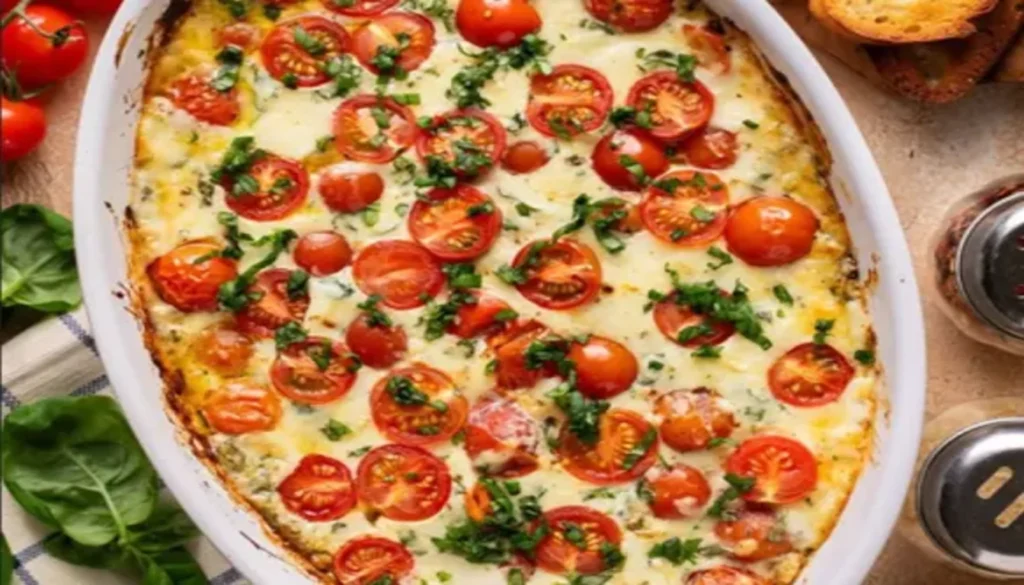 Easy Caprese Dip made with fresh mozzarella, tomatoes, and basil