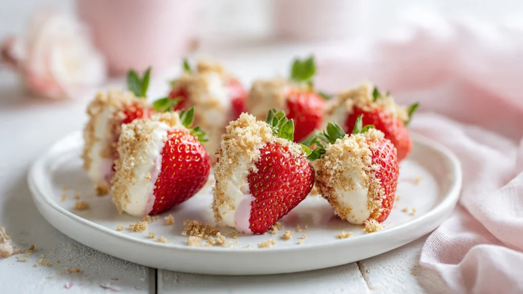 Deviled strawberries filled with creamy cheesecake filling, topped with graham cracker crumbs and served as a party appetizer