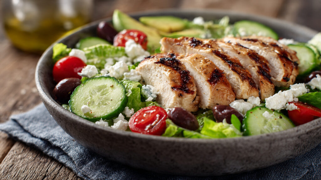 Mediterranean grilled chicken salad with lemon herb grilled chicken, fresh vegetables, feta cheese, and avocado