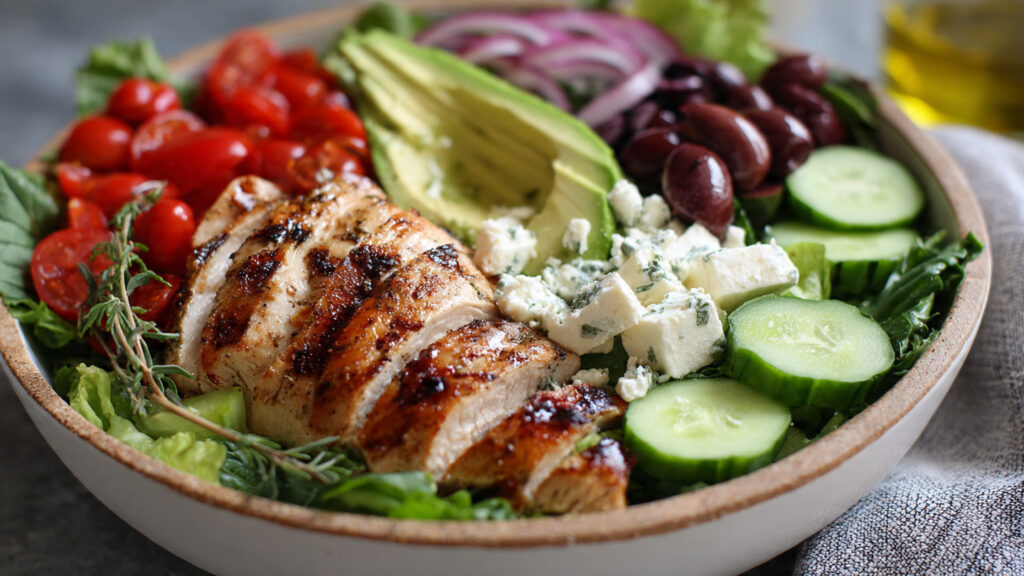 healthy Mediterranean grilled chicken salad with grilled chicken breast and fresh vegetables