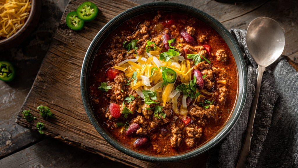 Low-carb no-bean keto chili with ground beef, diced tomatoes, bell peppers, and spices, garnished with sour cream and cilantro