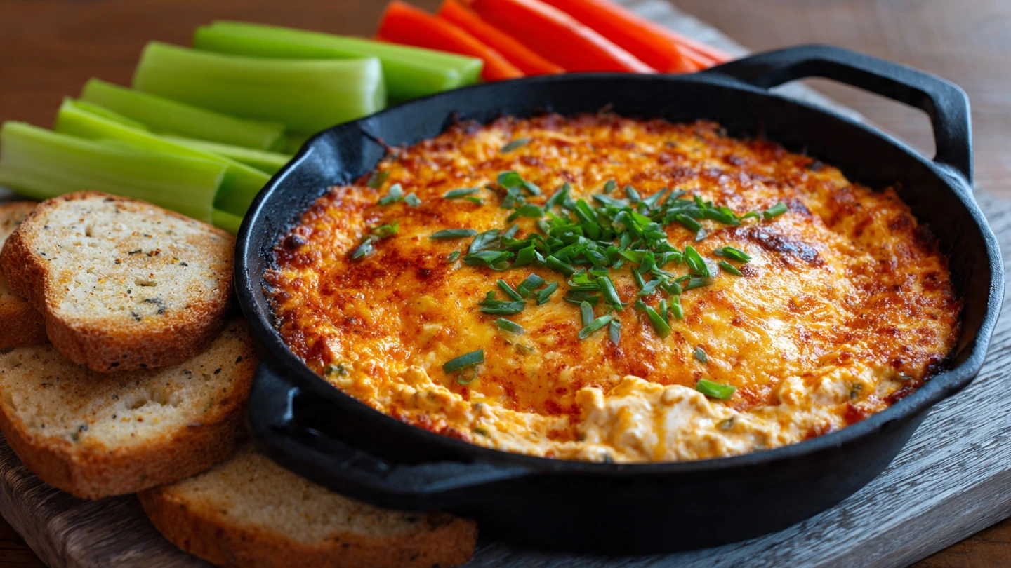 A close-up of the best cheesy Buffalo Chicken Dip in a skillet, with a gooey cheese pull, garnished with chives.