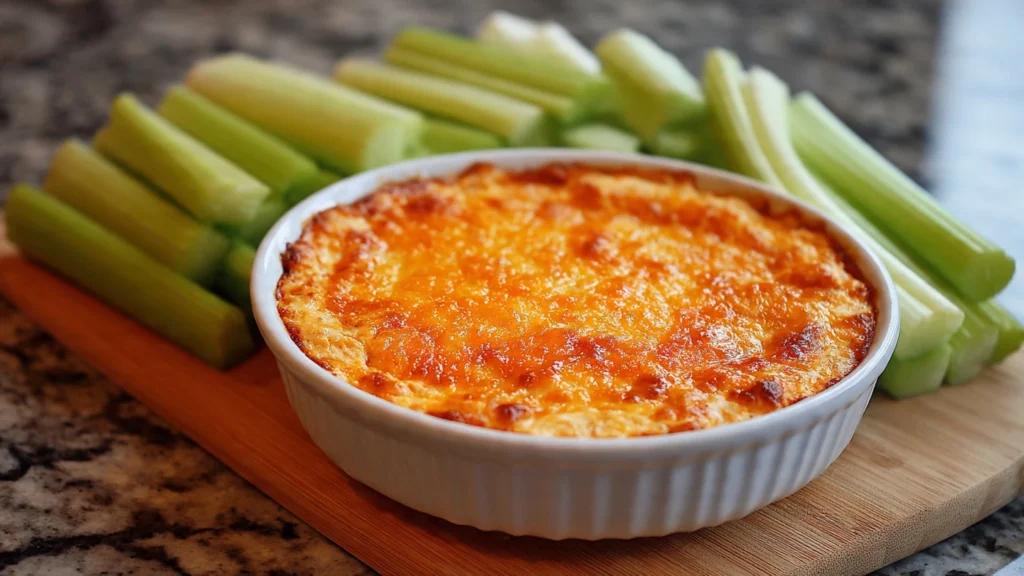 A bowl of Buffalo Chicken Dip served with a platter of dippers including celery, carrots, tortilla chips, and pretzels.