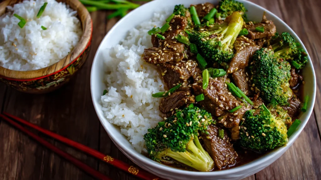 A close-up photograph of a ceramic bowl filled with a finished Chinese beef and broccoli recipe, featuring tender sliced beef and green broccoli florets coated in a glossy brown sauce, with chopsticks resting on the side.