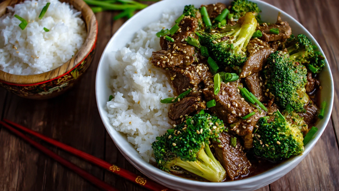 A close-up photograph of a ceramic bowl filled with a finished Chinese beef and broccoli recipe, featuring tender sliced beef and green broccoli florets coated in a glossy brown sauce, with chopsticks resting on the side.