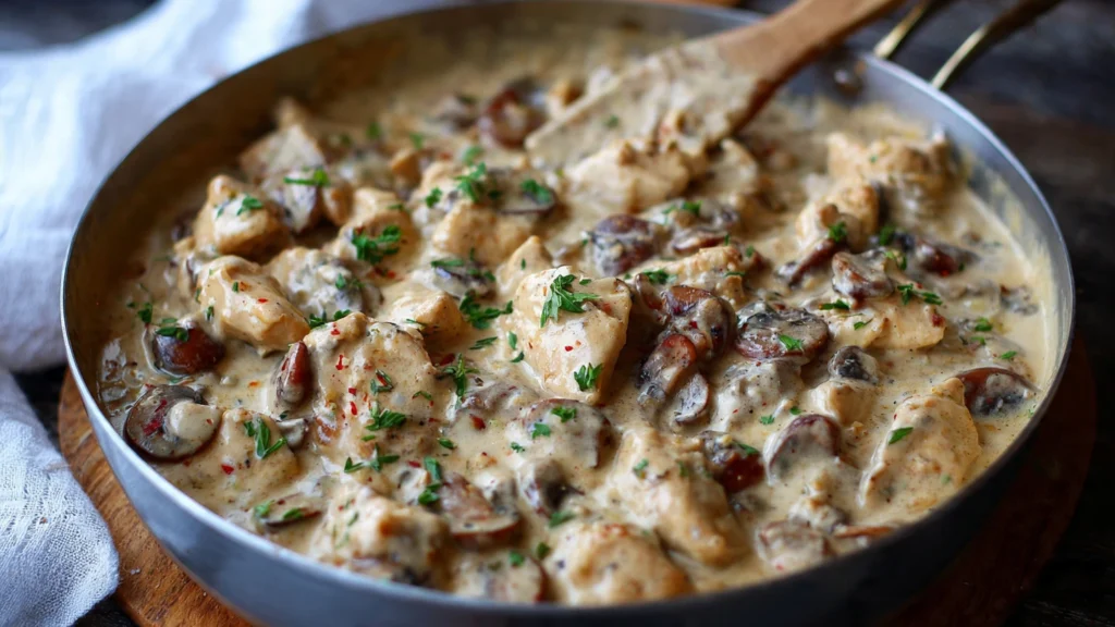 Sliced cremini mushrooms sautéing in a skillet, showing the process of them releasing their liquid and beginning to brown to develop a deep umami flavor for the creamy mushroom chicken sauce.