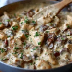 Sliced cremini mushrooms sautéing in a skillet, showing the process of them releasing their liquid and beginning to brown to develop a deep umami flavor for the creamy mushroom chicken sauce.