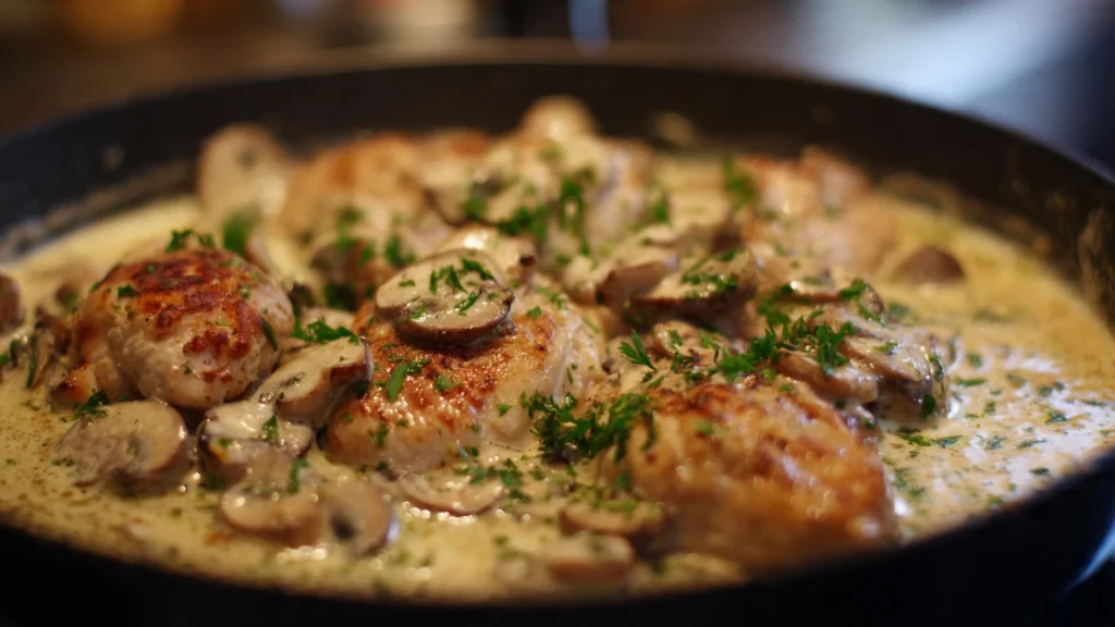 A skillet of creamy mushroom chicken, with perfectly seared chicken breasts smothered in a rich, velvety mushroom sauce and garnished with fresh parsley