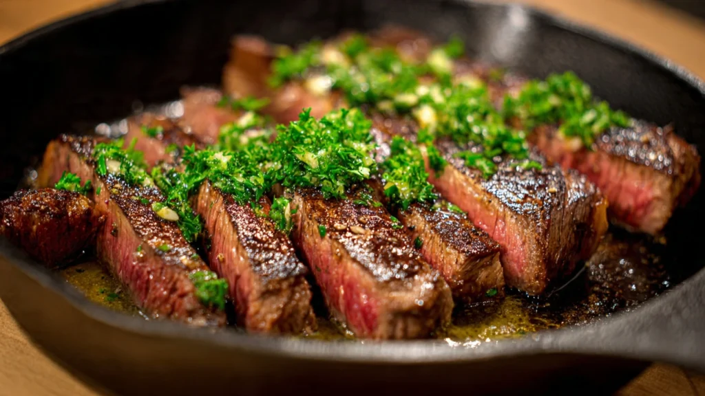Sliced garlic butter steak covered in a creamy parmesan sauce, garnished with parsley on a white plate.