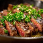 Sliced garlic butter steak covered in a creamy parmesan sauce, garnished with parsley on a white plate.