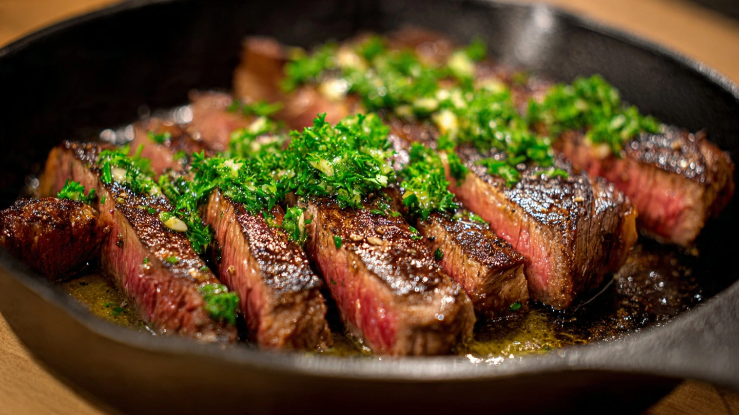 Sliced garlic butter steak covered in a creamy parmesan sauce, garnished with parsley on a white plate.