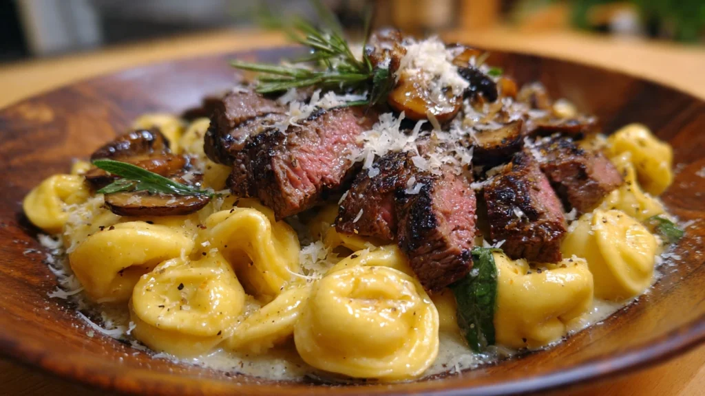 Garlic steak tortellini served in a creamy sauce with sliced steak and fresh herbs.