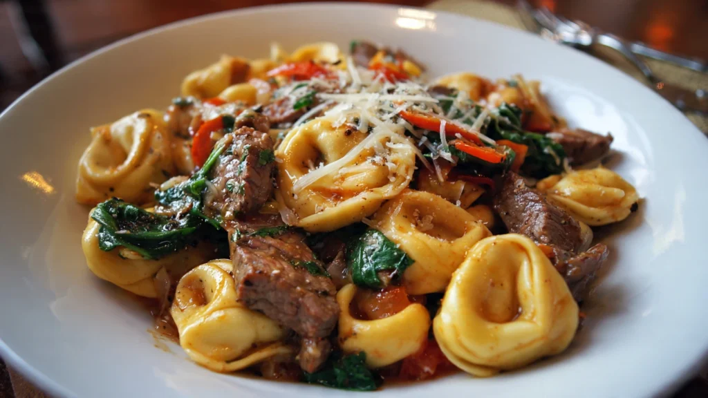 Close-up of cheese tortellini tossed with garlic sauce and seared steak slices.