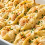 A close-up of creamy seafood stuffed shells in a white baking dish, baked to a golden brown and garnished with fresh parsley.
