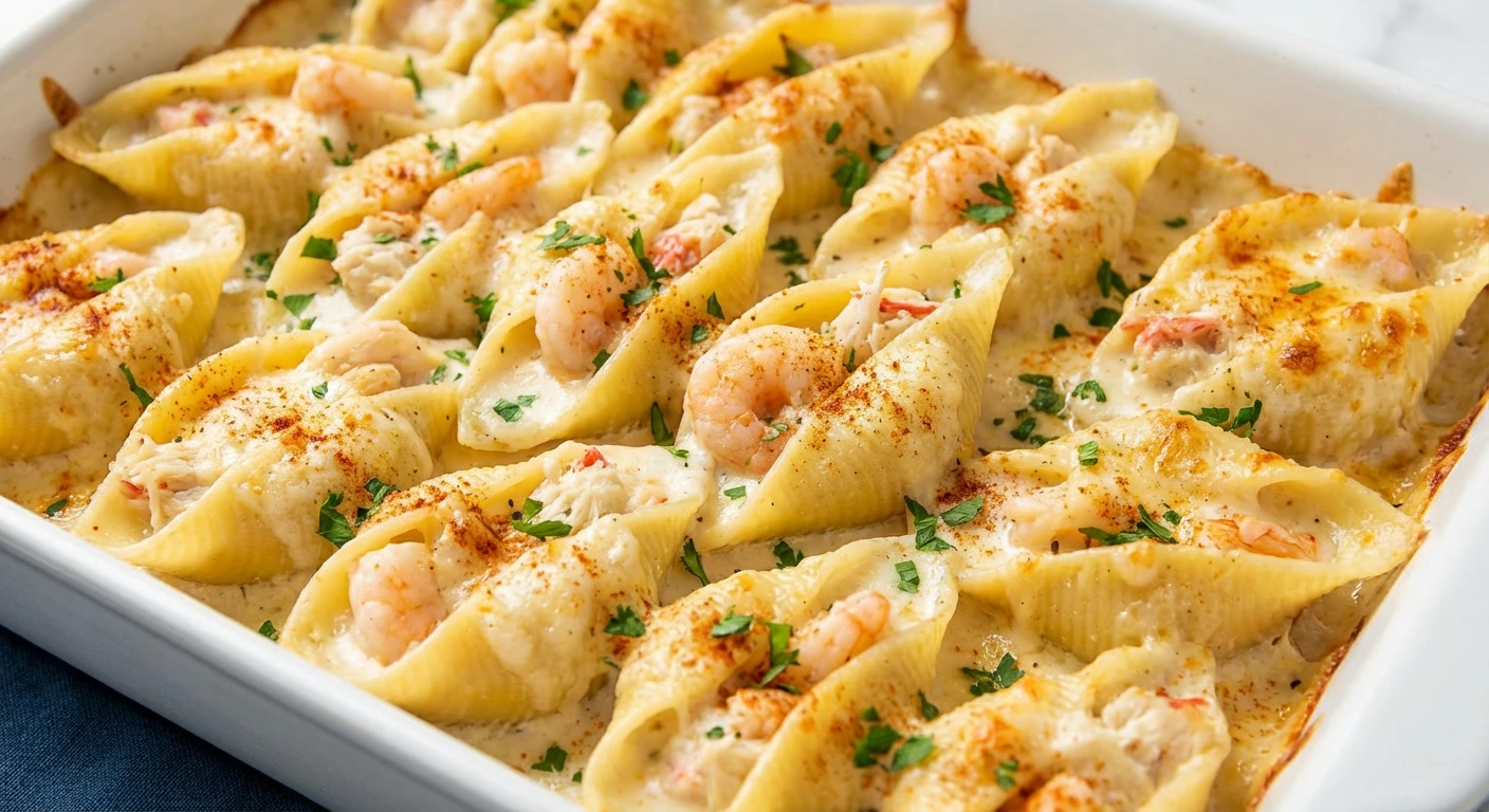 A close-up of creamy seafood stuffed shells in a white baking dish, baked to a golden brown and garnished with fresh parsley.