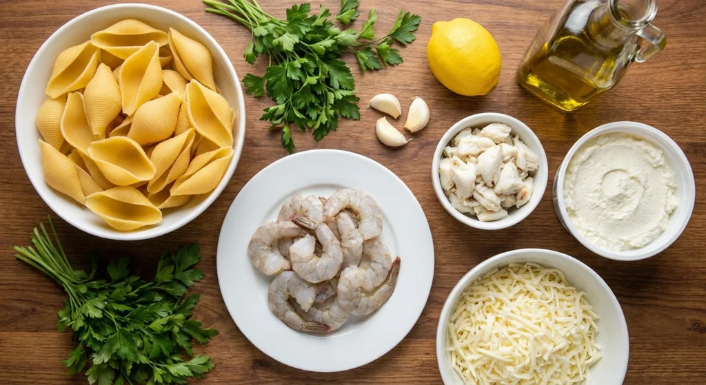 A person stuffing a jumbo pasta shell with a creamy seafood and cheese filling before baking.