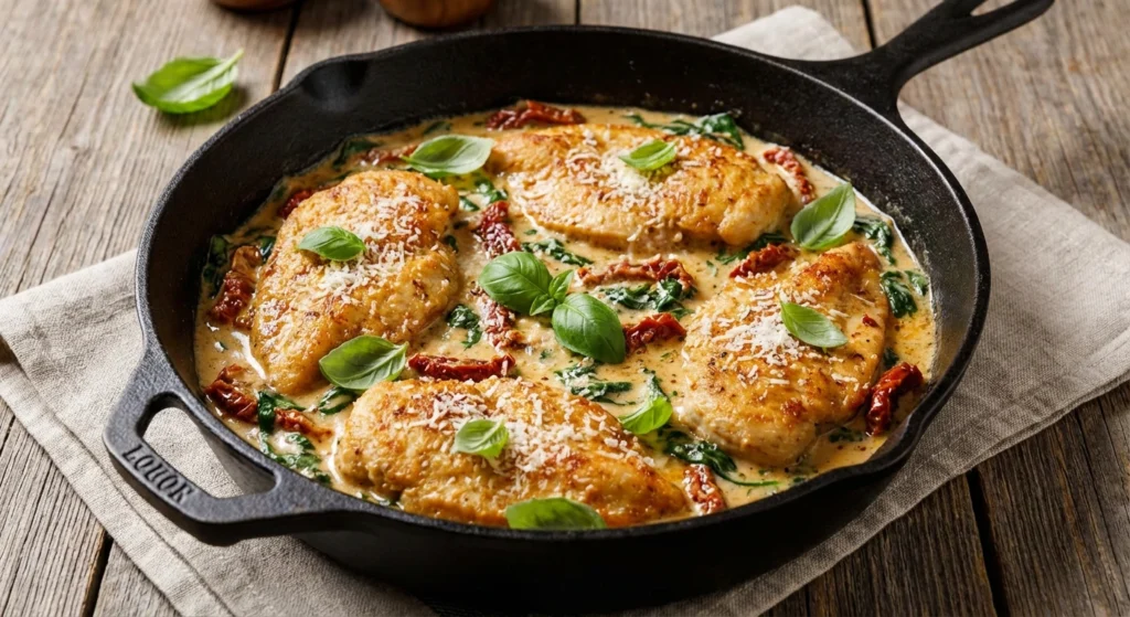 A skillet of creamy Marry Me Chicken with sun-dried tomatoes and fresh basil, ready to be served.