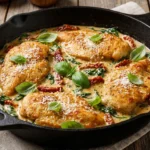 A skillet of creamy Marry Me Chicken with sun-dried tomatoes and fresh basil, ready to be served.