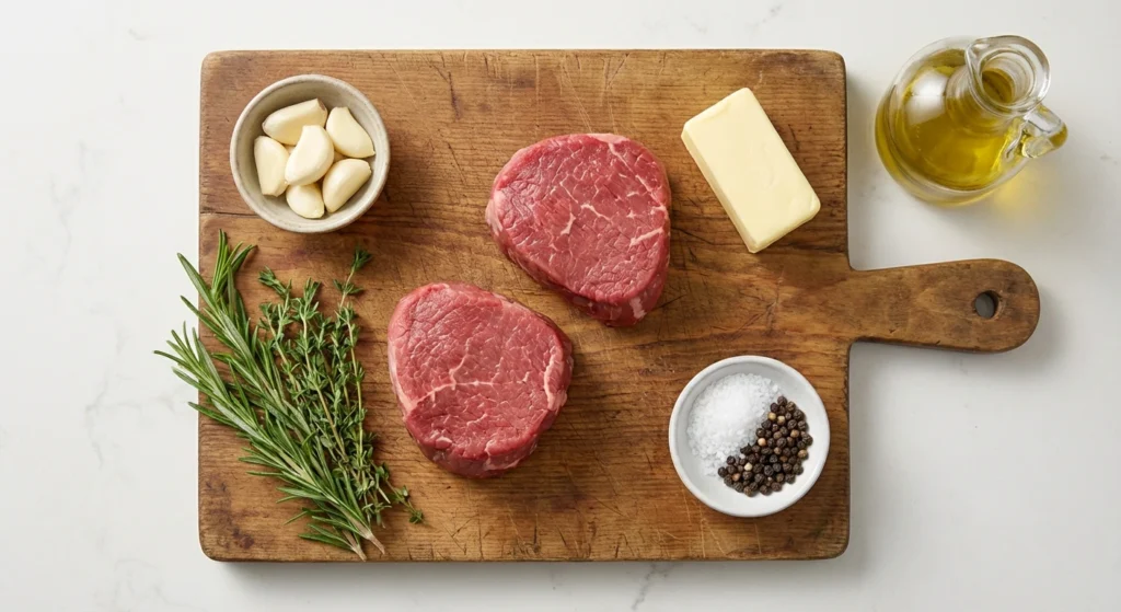 A filet mignon getting a final sear in a cast-iron skillet while being basted with melted butter, garlic, and fresh thyme.