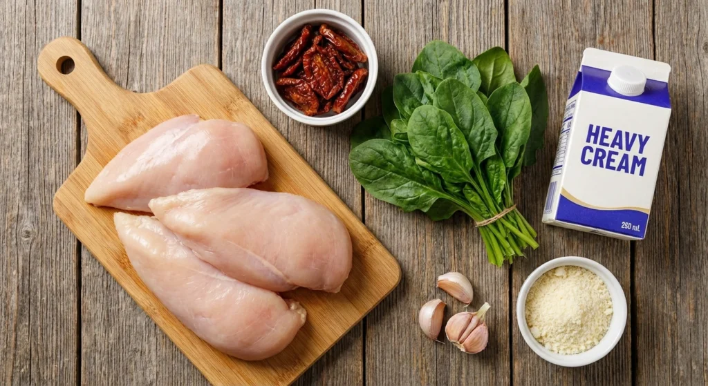 Two chicken breasts searing in a hot cast-iron skillet until golden-brown and crispy.