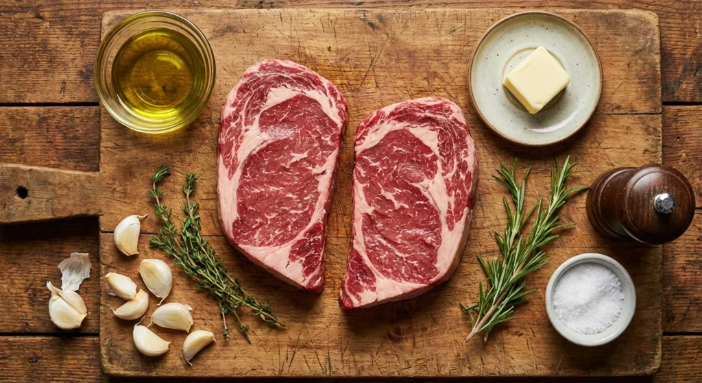 A steak being basted with garlic-infused butter in a hot cast-iron pan with thyme and garlic cloves.