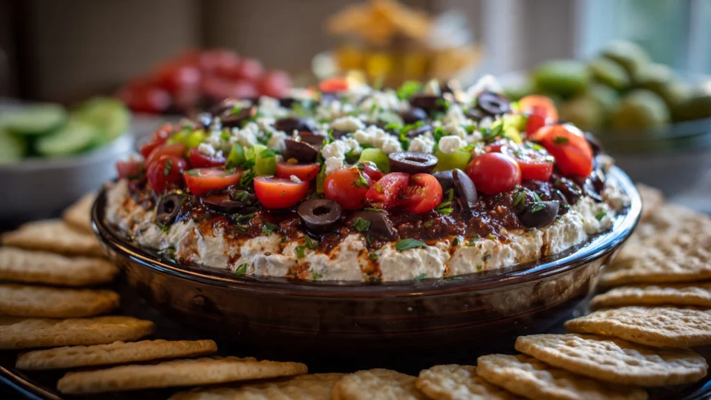 A close-up of the finished Greek Seven Layer Dip in a glass serving dish, showing the colorful layers of hummus, tzatziki, vegetables, olives, and feta cheese, ready to be served as a party appetizer.