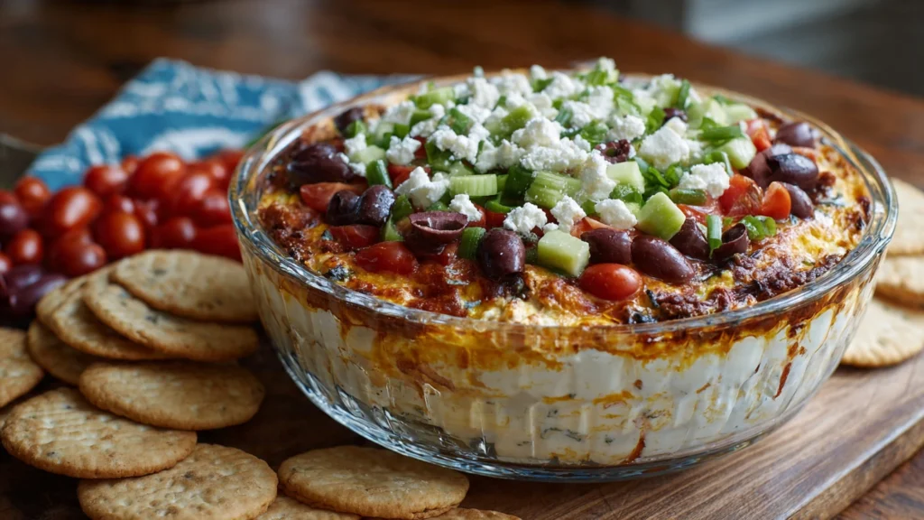 A step-by-step photo showing how to make an easy Greek dip recipe by layering crumbled feta cheese over a creamy tzatziki and hummus base in a serving dish.
