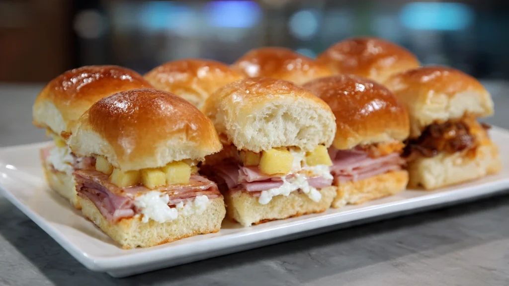 A hand pulling a gooey cheeseburger slider from a pan.