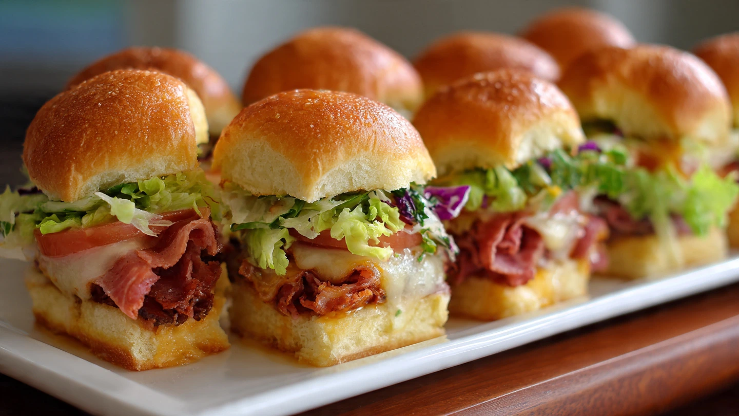 A pan of golden-brown baked ham and Swiss Hawaiian roll sliders, fresh from the oven.