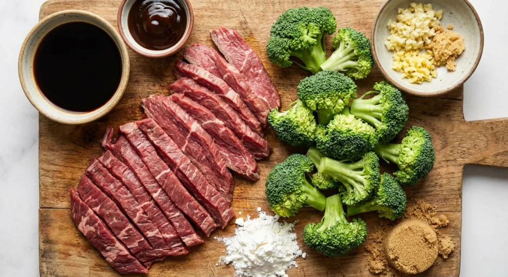 Overhead view of fresh ingredients laid out on a wooden board, including sliced flank steak against the grain, fresh broccoli florets, a bowl of soy sauce, minced ginger and garlic, and cornstarch for velveting.