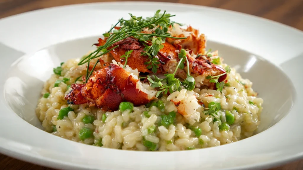 A close-up shot of a bowl of creamy lobster risotto, garnished with fresh herbs and chunks of perfectly cooked lobster.
