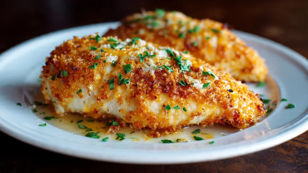 Golden-brown Parmesan Crusted Chicken served with roasted vegetables, copycat Longhorn Steakhouse style