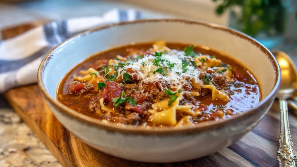A close-up of a bowl of one-pot lasagna soup, topped with a melting layer of ricotta and mozzarella cheese and garnished with fresh basil.