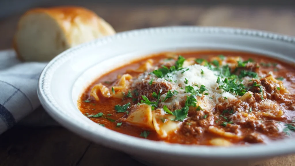 One-pot lasagna soup simmering in a large Dutch oven, with broken lasagna noodles and ground meat visible in the rich tomato broth.