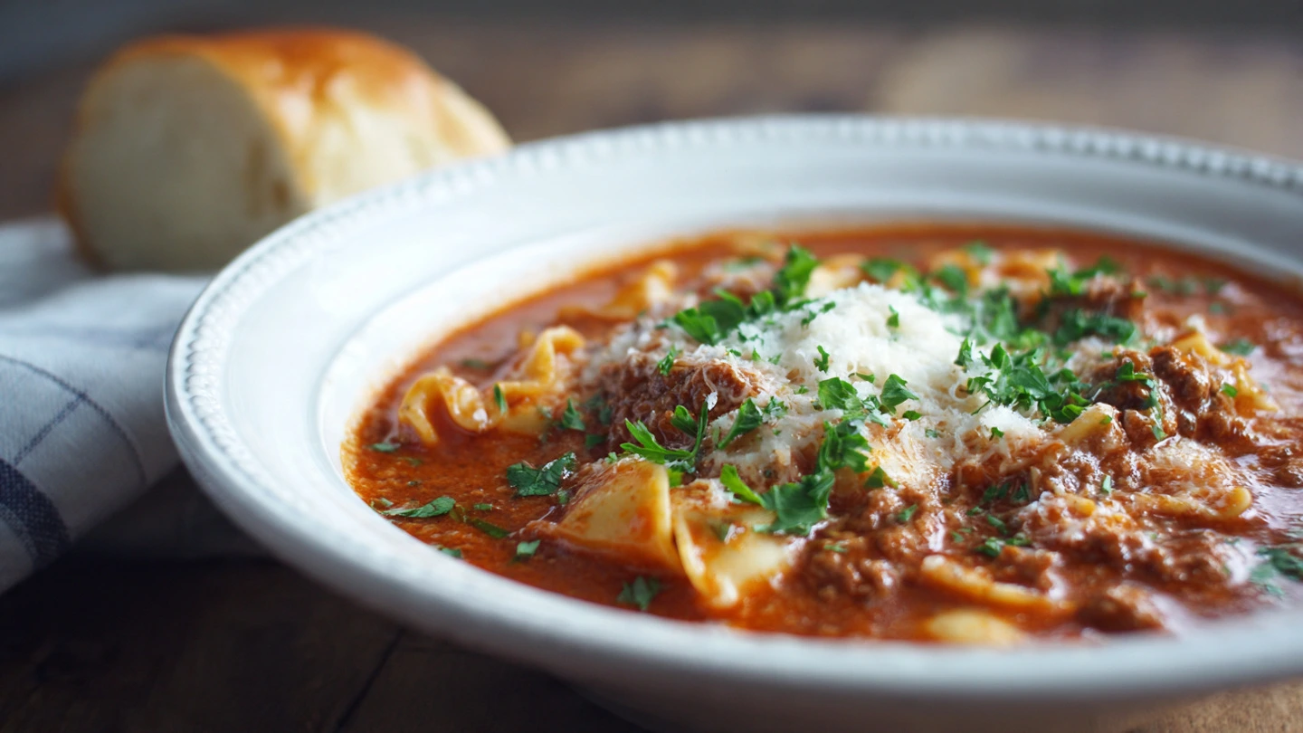 One-pot lasagna soup simmering in a large Dutch oven, with broken lasagna noodles and ground meat visible in the rich tomato broth.
