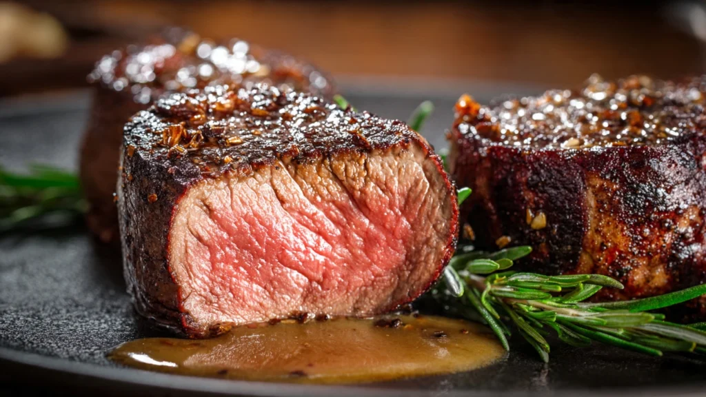 A sliced medium-rare oven-baked filet mignon with a glistening pan sauce and a side of roasted asparagus on a plate.