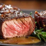 A sliced medium-rare oven-baked filet mignon with a glistening pan sauce and a side of roasted asparagus on a plate.