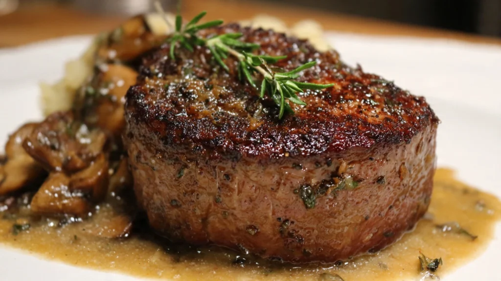 A sliced medium-rare oven-baked filet mignon with a glistening pan sauce and a side of roasted asparagus on a plate.