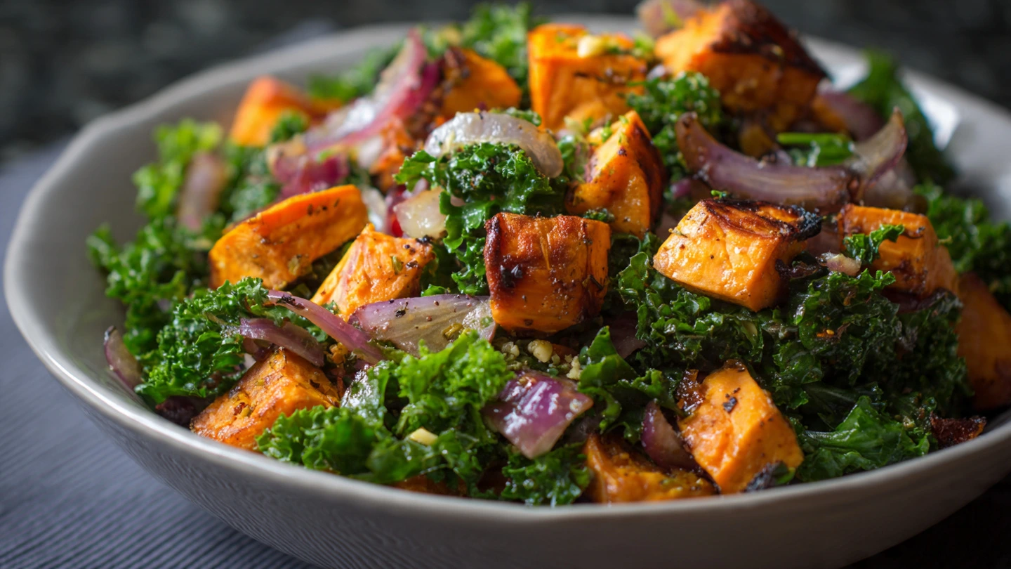 A white bowl filled with roasted sweet potato and kale salad, topped with crumbled feta cheese and toasted pecans, seen from a top-down angle.