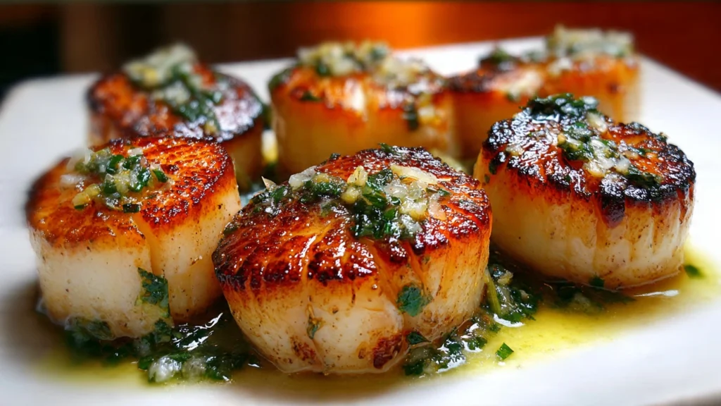 Large sea scallops searing in a hot stainless steel skillet, developing a deep golden-brown crust.