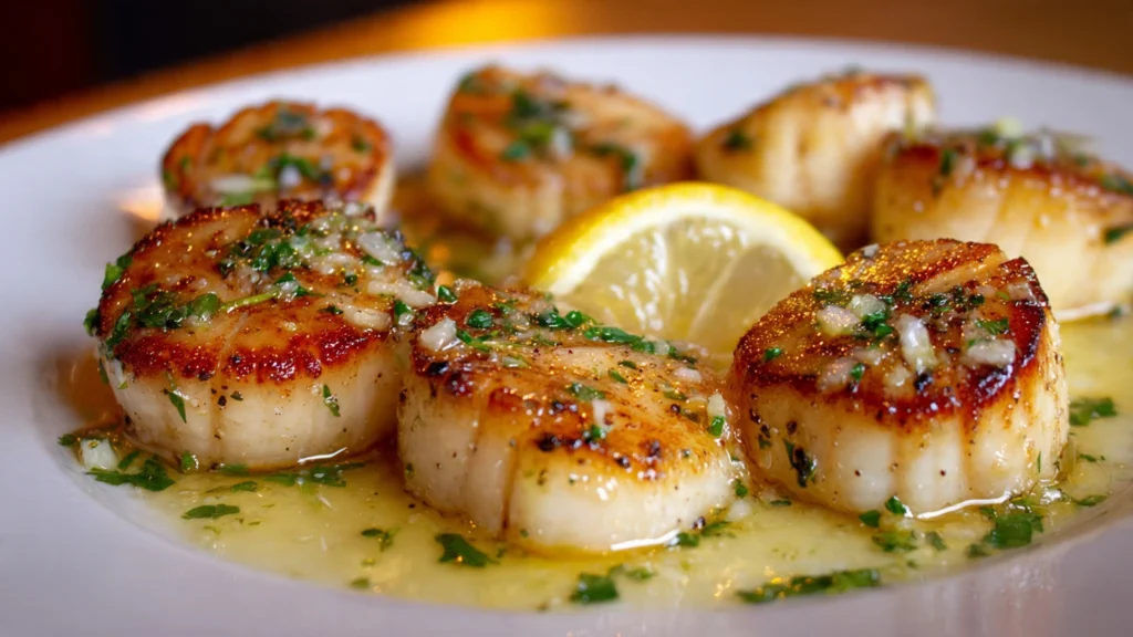 pan-seared scallops, lemon butter sauce for scallops, easy scallop recipe, what to serve with scallops.