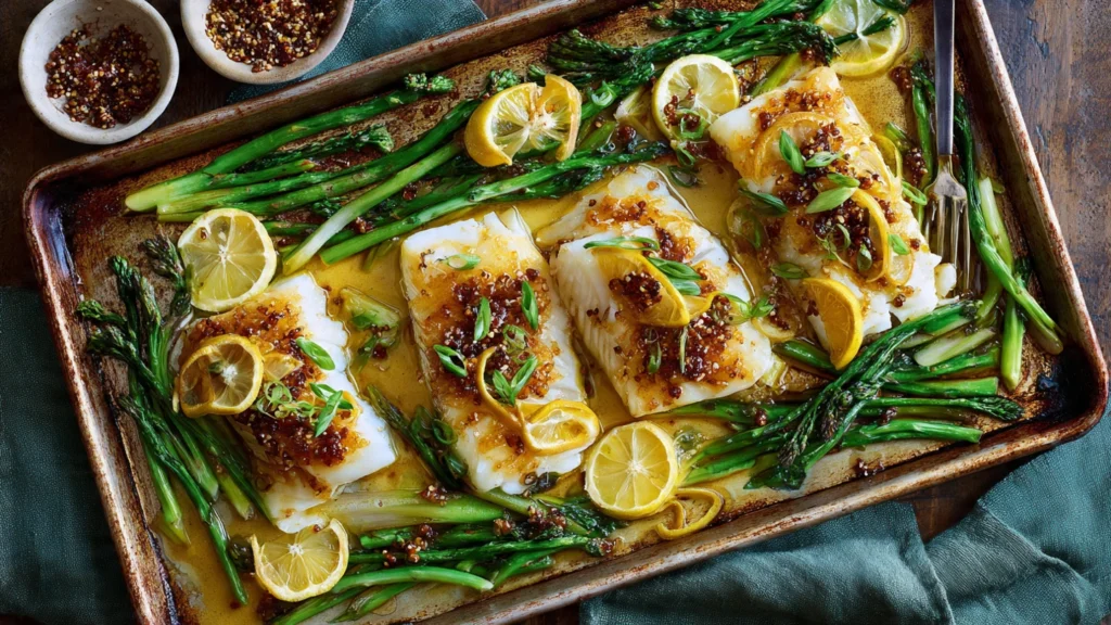 Sheet pan miso-glazed fish with roasted broccoli and carrots on a baking tray