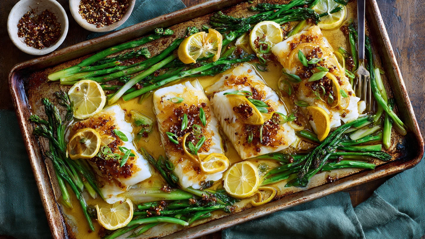 Sheet pan miso-glazed fish with roasted broccoli and carrots on a baking tray