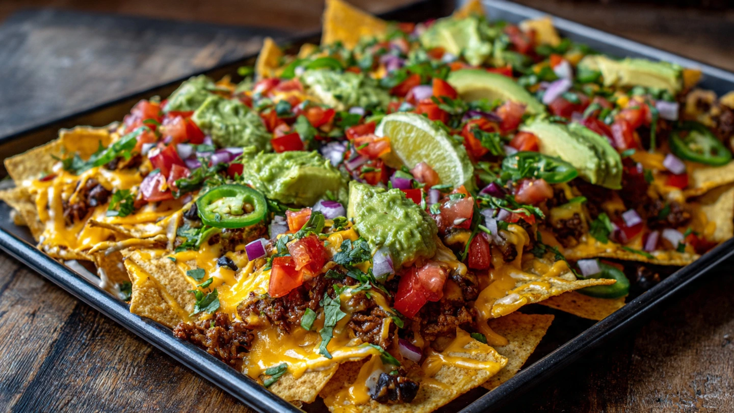 A step-by-step photo showing how to layer sheet pan nachos to prevent them from getting soggy. The image shows a hand sprinkling cheese directly onto a layer of tortilla chips before other toppings are added