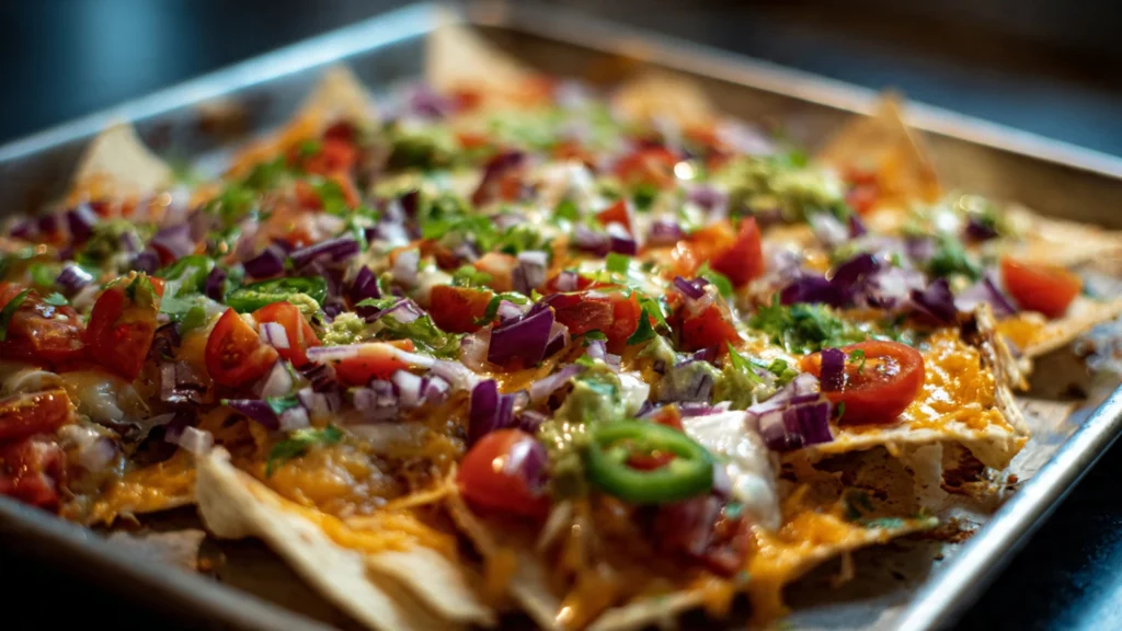 A large sheet pan of fully loaded nachos fresh out of the oven, with perfectly melted cheese, seasoned ground beef, jalapeños, and a side of guacamole and pico de gallo.