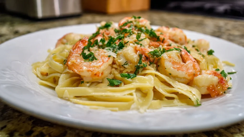 A delicious plate of Shrimp Scampi Linguine with succulent shrimp and a fresh parsley garnish.
