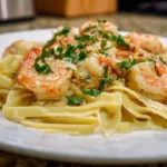 A delicious plate of Shrimp Scampi Linguine with succulent shrimp and a fresh parsley garnish.