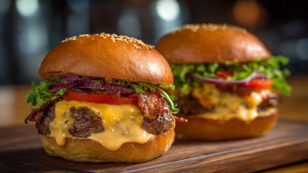 A perfectly assembled Smoked Cajun Cheese Burger with melted cheese and remoulade sauce, ready to eat.