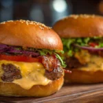 A perfectly assembled Smoked Cajun Cheese Burger with melted cheese and remoulade sauce, ready to eat.