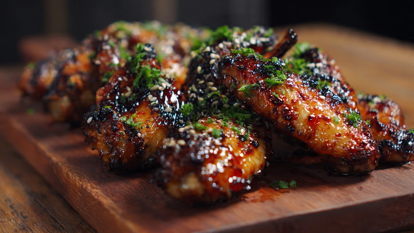 A close-up of sticky pineapple-teriyaki chicken wings on a platter, garnished with sesame seeds and green onions.